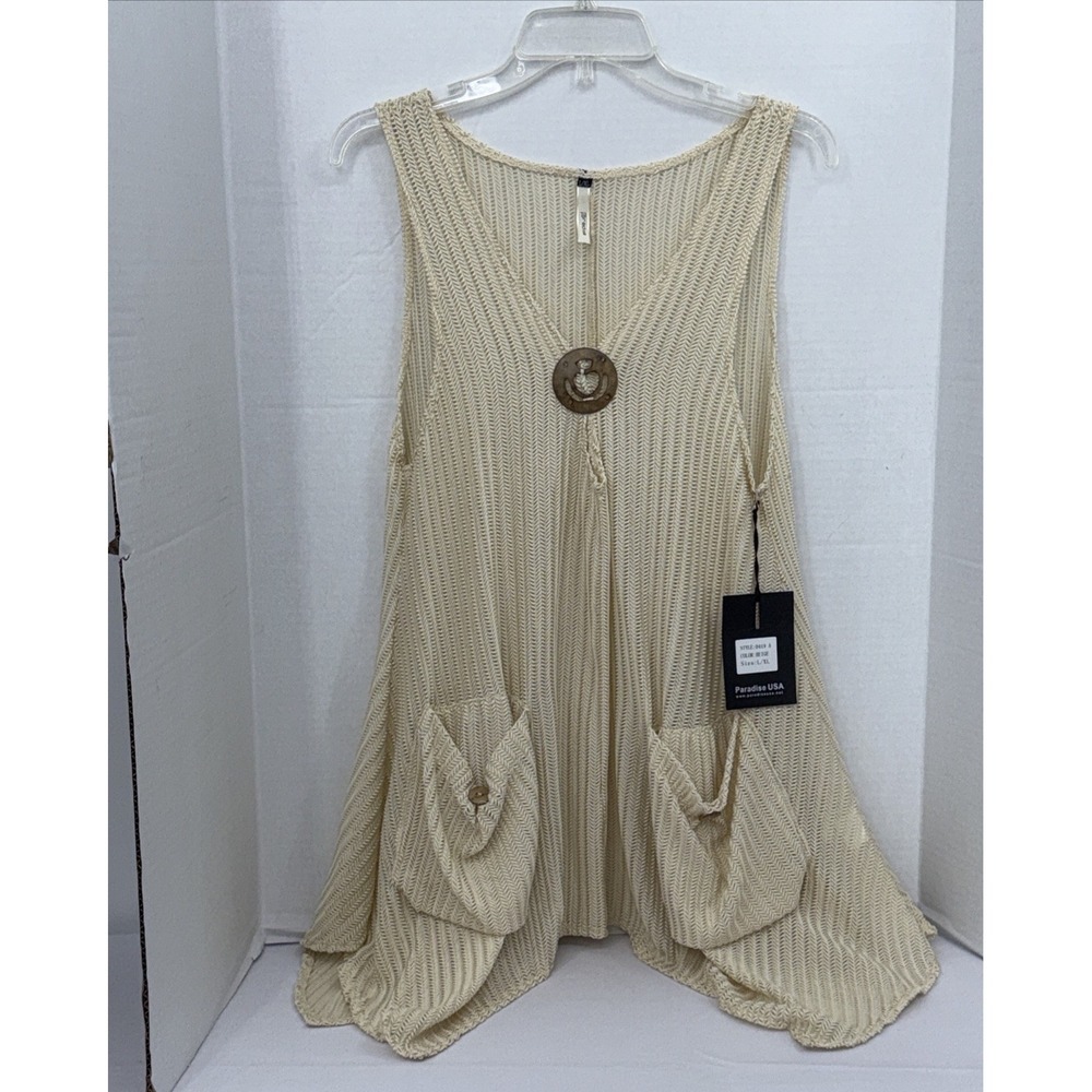 Women Ivory Crochet Tank Swim Cover Up Pockets Lagenlook Beach L/XL Summer Boho
